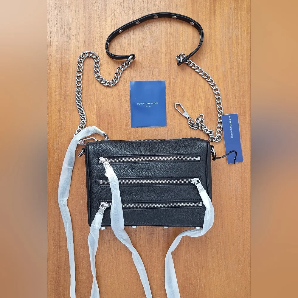 Rebecca Minkoff Mini 5 Zip Leather Crossbody Metal Chain Black Edgy Punk NEW - Picture 3 of 13